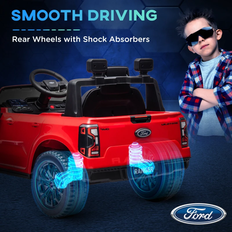 Qaba Ford Ranger Licensed 12V Ride on Car Battery Powered Kids Truck w/ Rear Storage Remote, Spring Suspension, Red