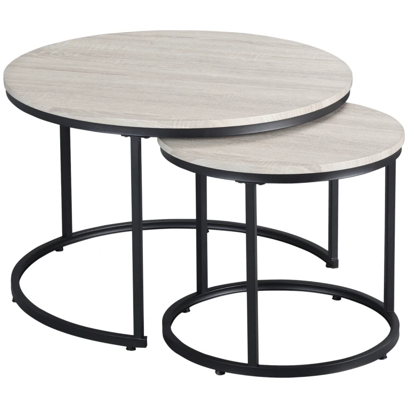 HOMCOM Round Nesting Tables Set of 2, Stacking Coffee Table Set with Metal Frame for Living Room, Grey