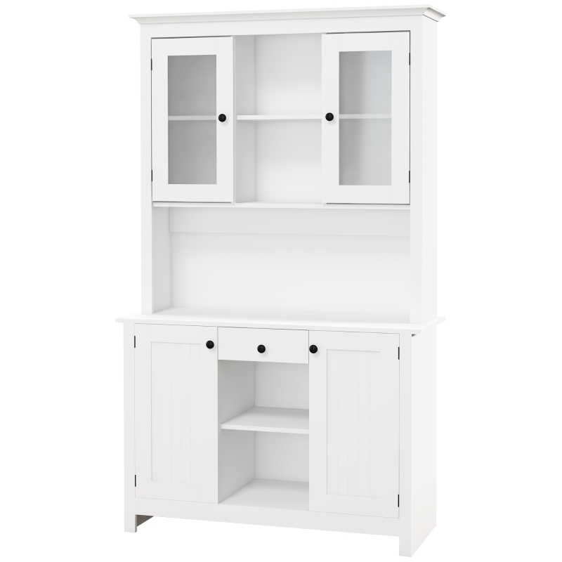 HOMCOM Freestanding Rustic Buffet with Hutch, 4 Door Farmhouse Kitchen Pantry Storage Cabinet, Microwave Stand with Beadboard Panel, Drawer and Adjustable Shelves, White