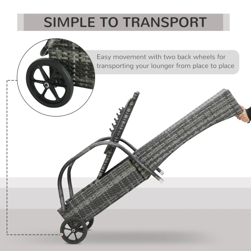 Outsunny Wicker Outdoor Chaise Lounge, 5-Level Adjustable Backrest PE Rattan Pool Lounge Chair with Wheels, Cushion & Headrest, Mixed Gray and Charcoal Gray