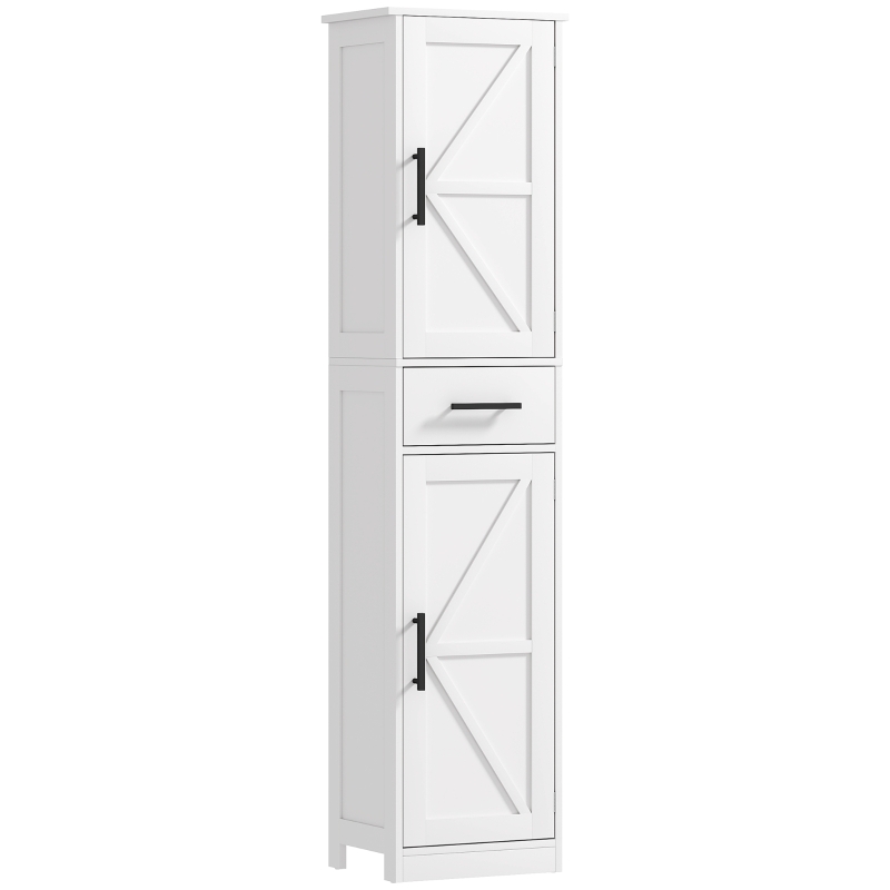 HOMCOM Farmhouse Linen Closet with Drawer, 67" Tall Bathroom Storage Cabinet with Barn Doors and Adjustable Shelves, White