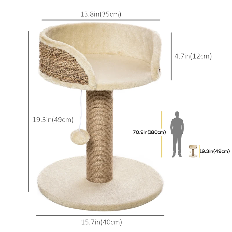 PawHut Cat Tree with Scratching Post, Toy Ball, Perch, Small Cat Tower for Indoor Cats - 16" x 16" x 19", Beige