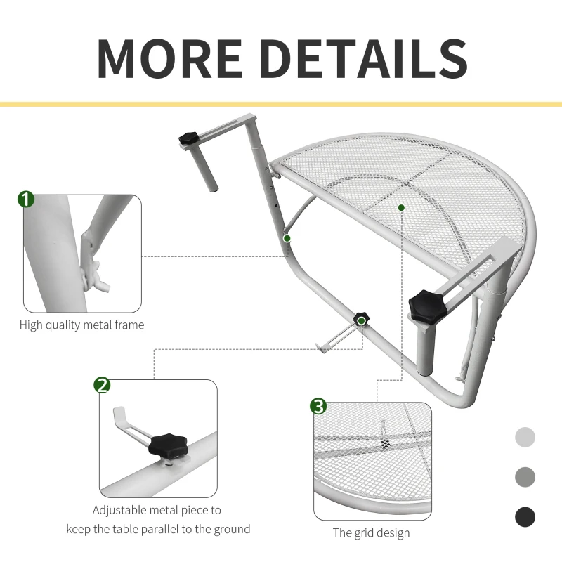 Outsunny Adjustable Balcony Hanging Railing Table, Metal Mounting Mini Wall Desk Storage Rack, Outdoor Flower Stand Serving Table Half Round, White