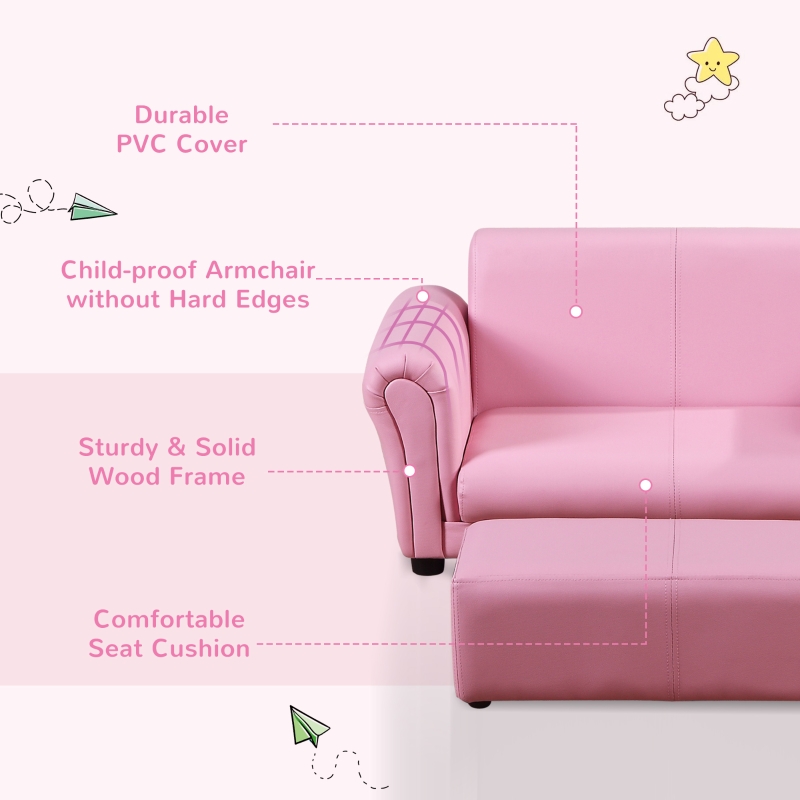 Qaba Kids Sofa Set with Footstool for Toddlers and Babies, Pink