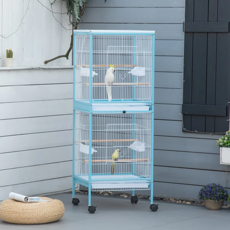 PawHut 55" 2 In 1 Bird Cage Aviary Parakeet House for finches, budgies with Wheels, Light Blue