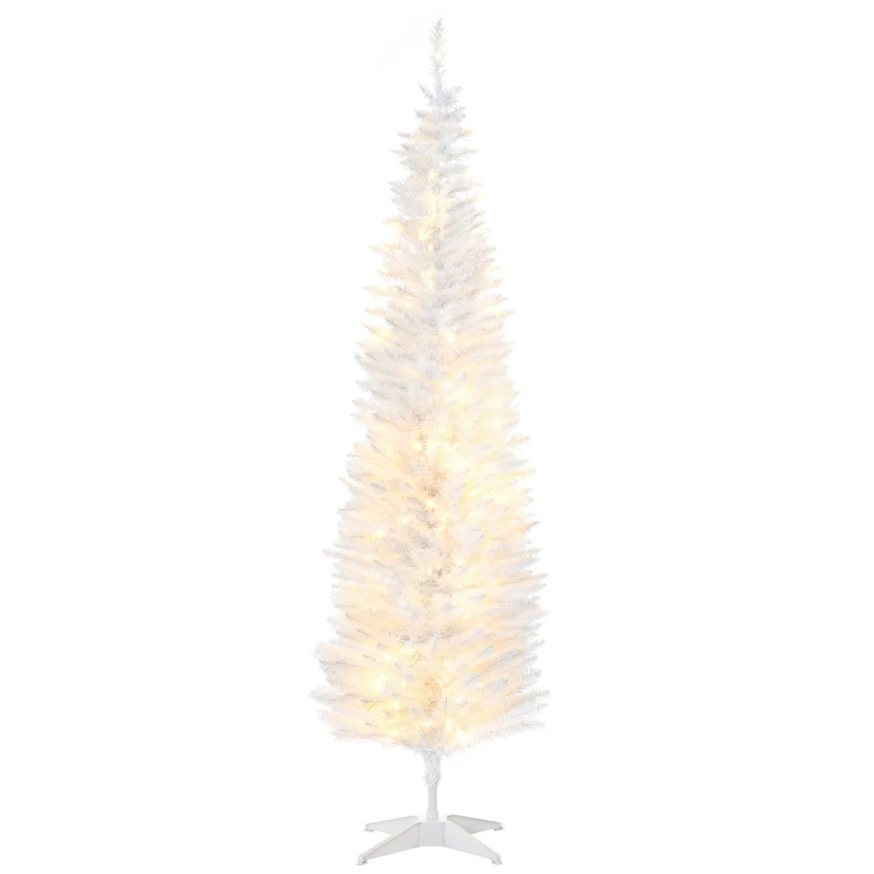 HOMCOM 6' Pre Lit Artificial Pencil Christmas Trees, Xmas Tree with Realistic Branches and Warm White LED Lights, White