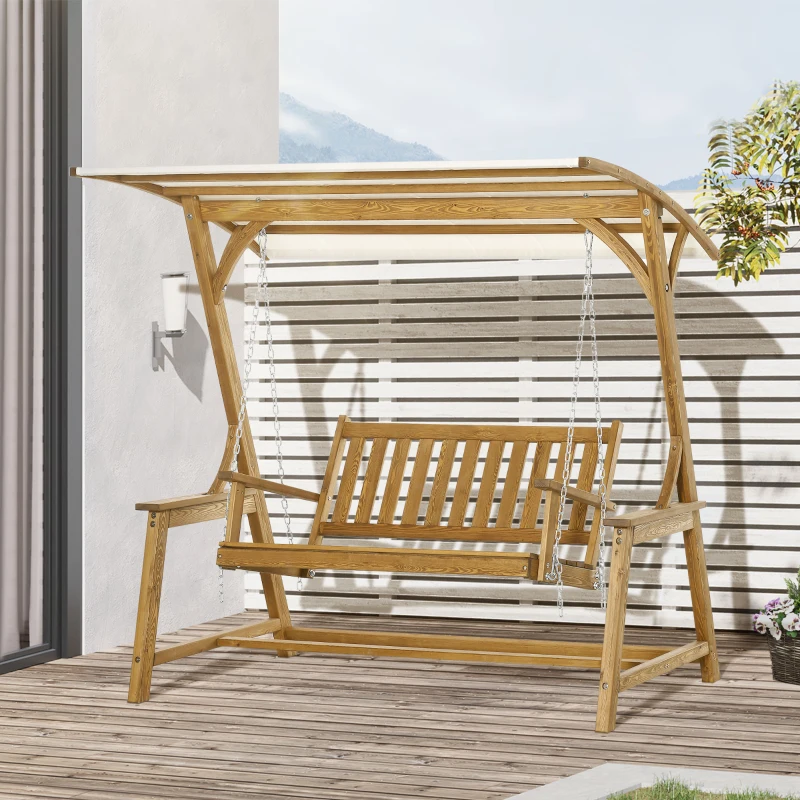 Outsunny 2 Seater Patio Swing Chair with Canopy and Hanging Chains, Wooden Porch Swing Glider, Outdoor Swing Loveseat, for Garden, Poolside, Backyard