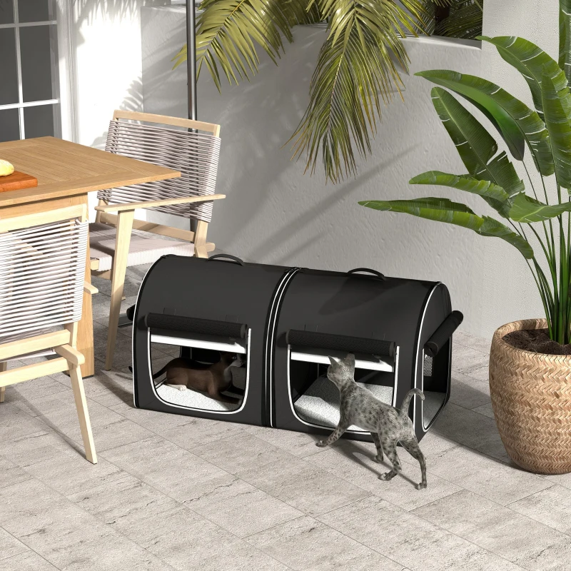 PawHut 39" Portable Soft 2 Sided Pet Cat Carrier with Divider, Two Compartment, Soft Cushions, & Storage Bag, Black
