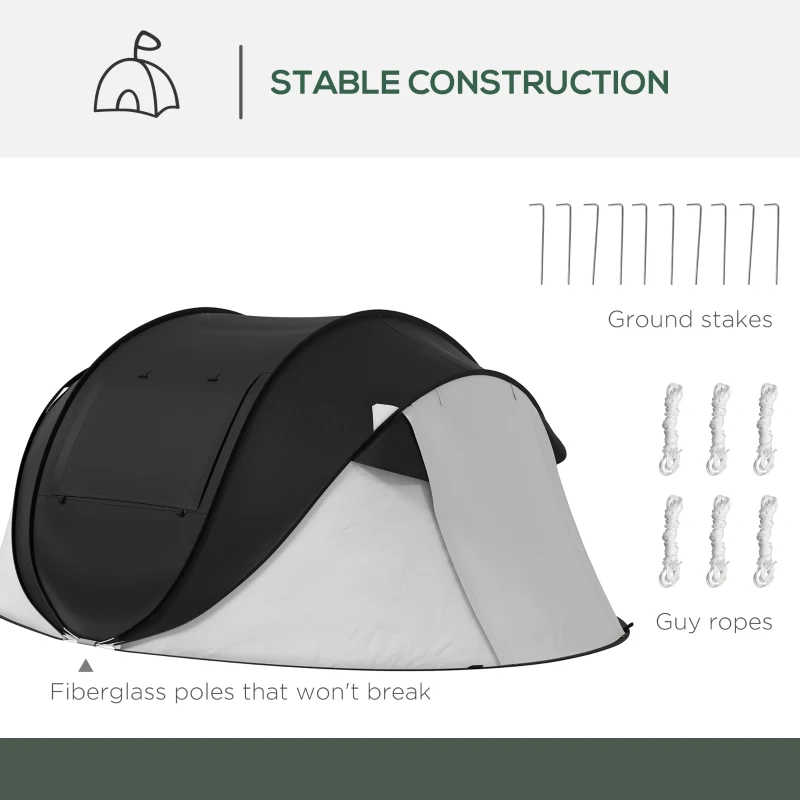 Outsunny Pop Up Tent with Porch and Carry Bag, 3000mm Waterproof, for 2-3 People Camping Hiking, Black