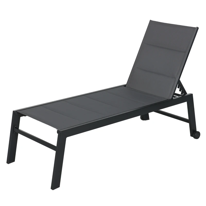 Outsunny Outdoor Chaise Lounge with Wheels, Five Position Recliner for Sunbathing, Suntanning, Steel Frame, Breathable Fabric for Beach, Yard, Patio, Gray