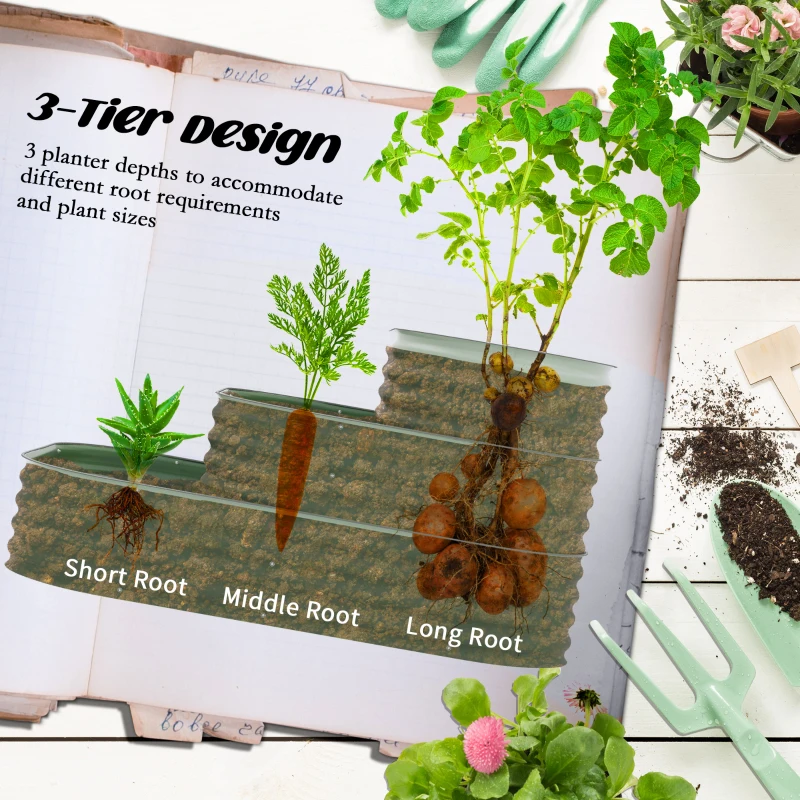 Outsunny 5.2'x3.6'x2.7' Outdoor Raised Garden Bed, 3-Tier Galvanized Planter Box with Safety Edging for Vegetable, Flower, Green