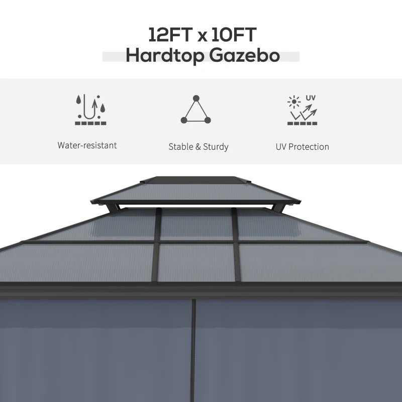 Outsunny 10' x 12' Hardtop Gazebo Canopy with Polycarbonate Roof, Aluminum Frame, Permanent Pavilion Outdoor Gazebo with Netting, for Patio, Garden, Backyard, Deck, Lawn, Black