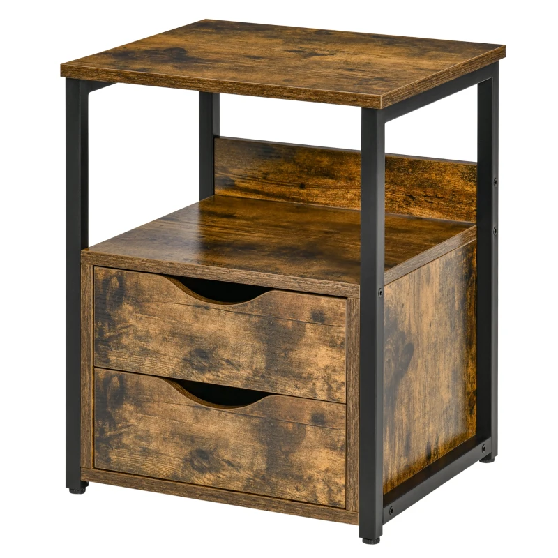 HOMCOM Industrial End Table with 2 Drawers and Open Shelf, Side Table for Living Room, Brown