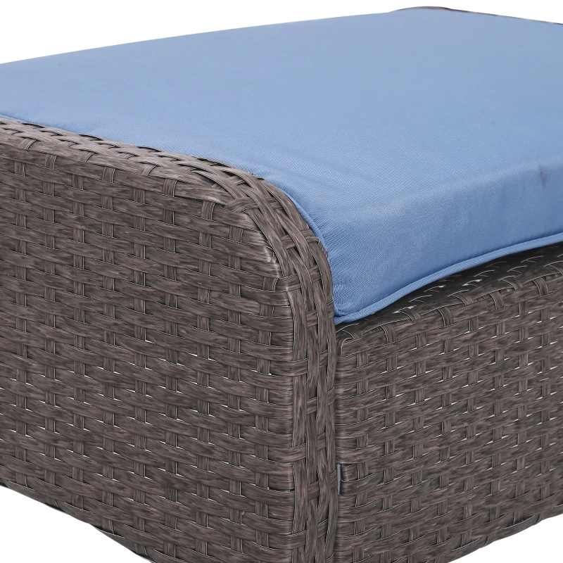 Outsunny 5pcs Patio Rattan Coffee Set Garden Wicker Bistro Set with Ottoman Yard Sofa Conversation Set Armchairs Tea Table & Footstool w/ Cushions All Weather Deck Furniture, Blue