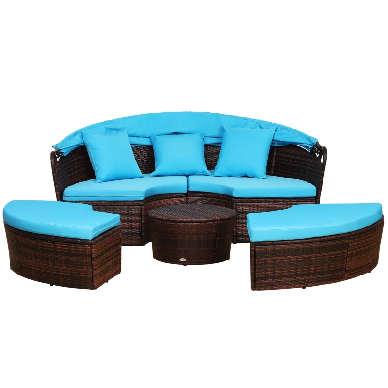 Outsunny 4-Piece Round Convertible Daybed with Cushions, Outdoor PE Rattan Patio Wicker Sofa Set, Sunbed with Adjustable Sun Canopy, Sectional Sofa, 2 Chairs, Table, 3 Pillows, Blue