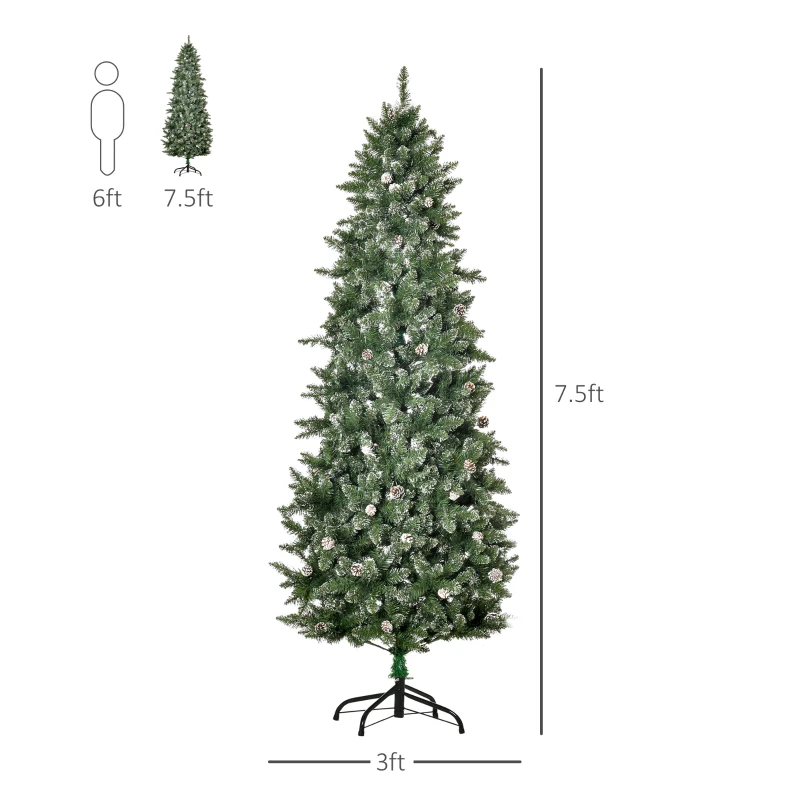 HOMCOM 7.5ft Unlit Snow-Dipped Fir Artificial Christmas Tree with Realistic Branches, Pine Cones and 1119 Tips
