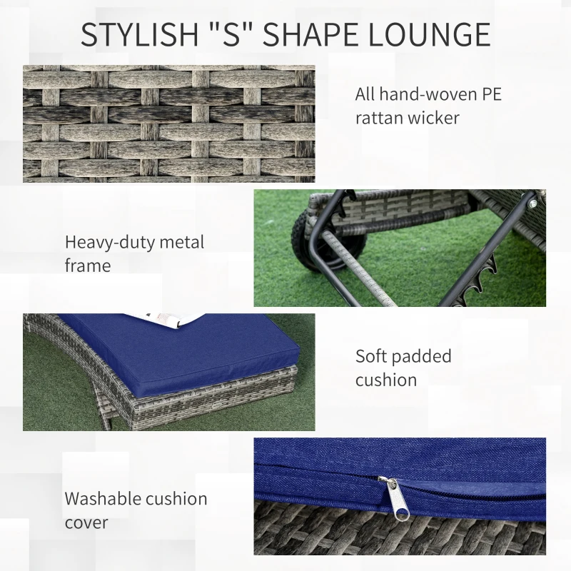 Outsunny Outdoor Adjustable Wicker Chaise Lounge Chair with Cushion & Wheels for Patio, Deck, Poolside, Dark Blue