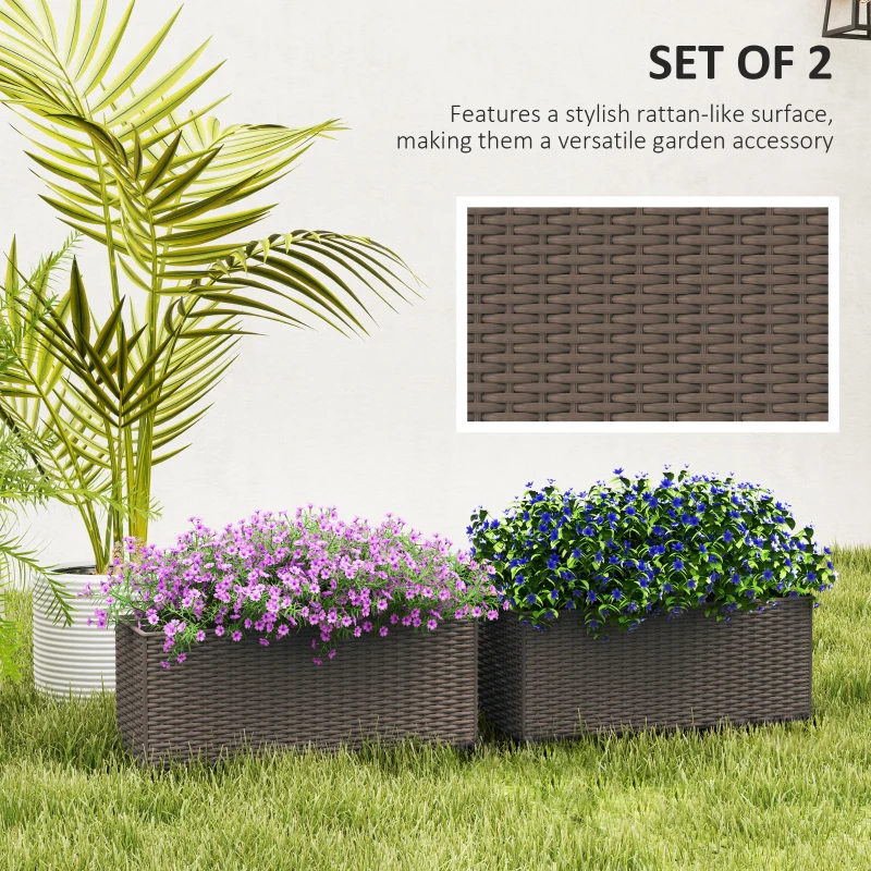 Outsunny 2 Pack 20 Inch Railing Flower Pots, Hanging Flower Pots with Hooks, Drainage Holes for Fence, Rattan Look, Brown