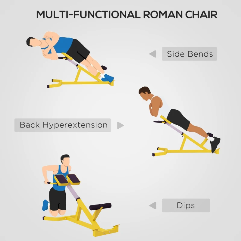 Soozier Roman Chair Back Extension Machine, Height Adjustable Hyperextension Bench with Dip Bars, Multi-Functional for Back, Core, Arms and Whole-Body Training, Yellow
