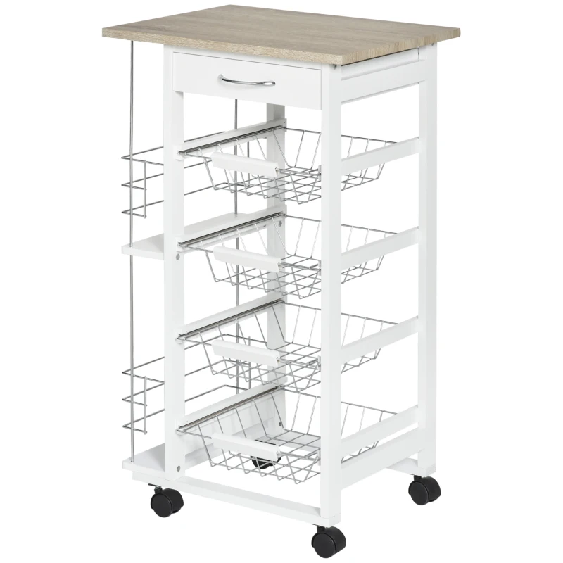 HOMCOM Rolling Kitchen Cart, Utility Storage Cart with 4 Baskets, Drawer, Side Racks, Wheels for Dining Room, Natural and White