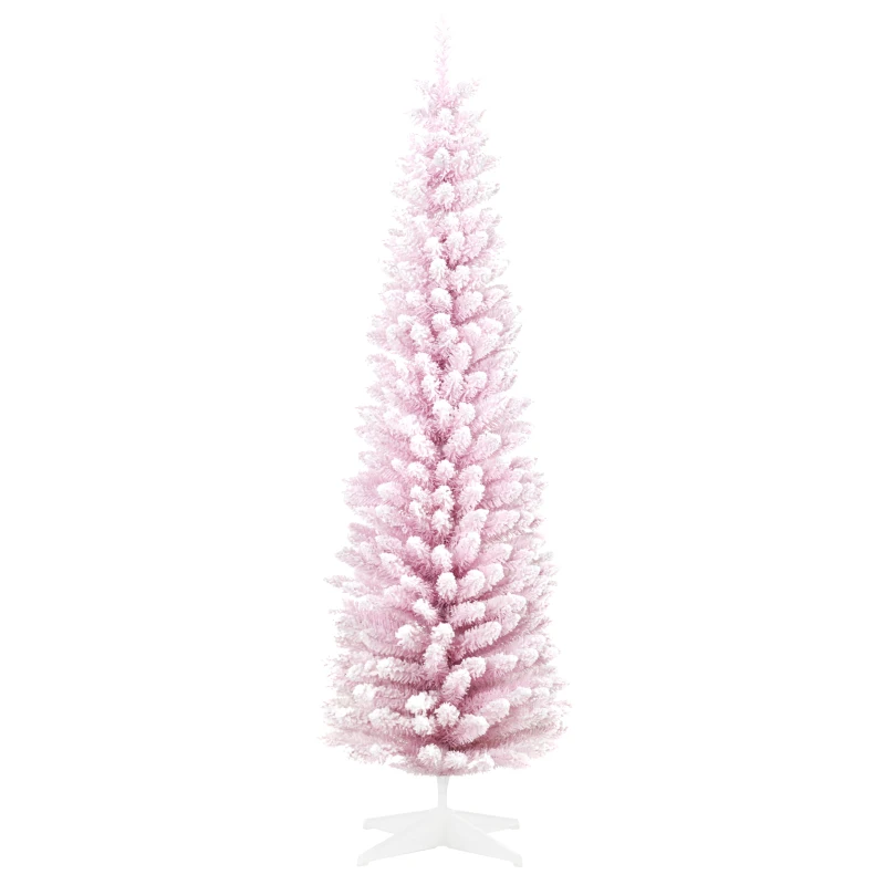 HOMCOM 7' Decorated Christmas Tree Snow Flocked Artificial Christmas Tree with Pencil Shape, Realistic Branches, Pink