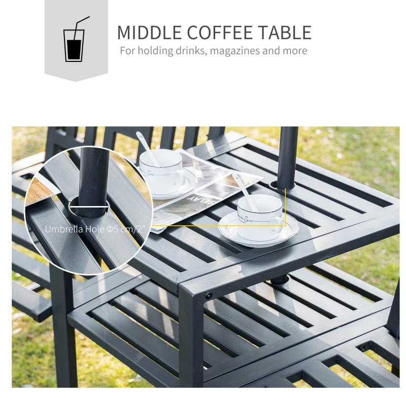 Outsunny Metal Garden Bench with Middle Table and Umbrella Hole, 2-in-1 Double Patio Chairs, Outdoor 2-person Tete-a-Tete, Slatted, Black(m-5)