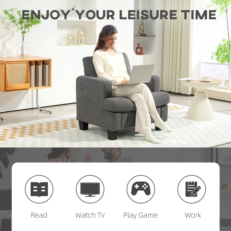 HOMCOM Modern Armchair, Upholstered Chenille Accent Chair with Wood Frame and Back Pillow for Living Room, Dark Grey