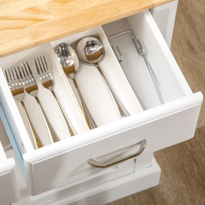 HOMCOM Kitchen Island with 2-Level Rubber Wood Tabletop, Island Table with Adjustable Shelves and Drawers, White