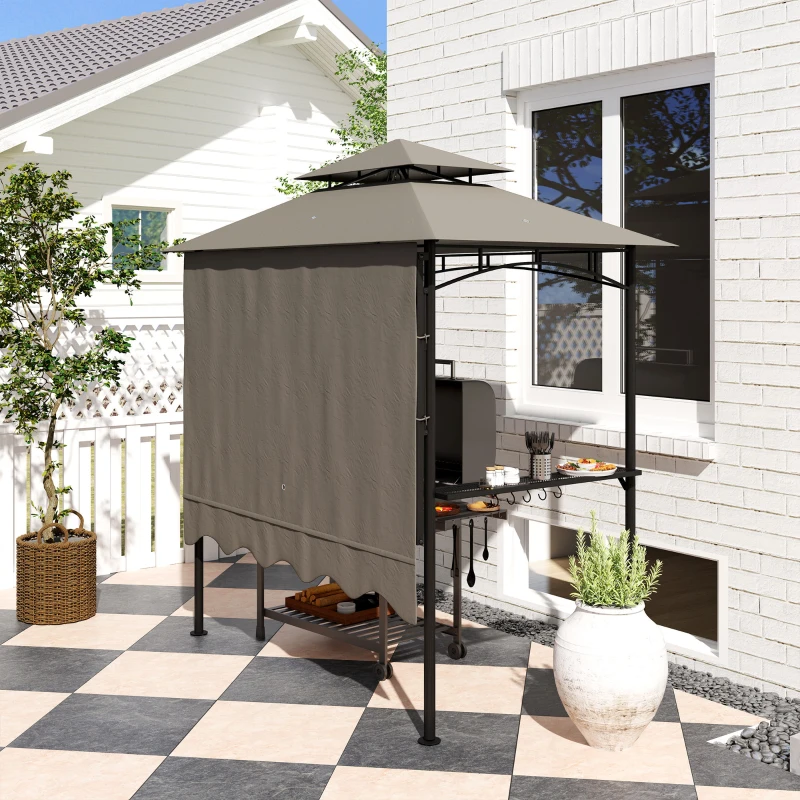 Outsunny 8' x 5' Grill Gazebo, Double Tiered Barbecue Grill Gazebo Shelter with Side Awning, 2 Side Shelves, 6 Hooks, Light Grey