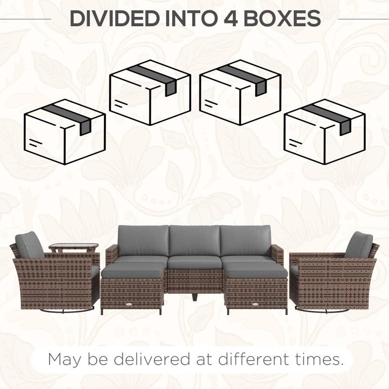 Outsunny 6-Piece Rattan Patio Furniture Set with 3-Seater Sofa, Swivel Rocking Chairs, Footstools, 2 Tier Table, Mixed Brown