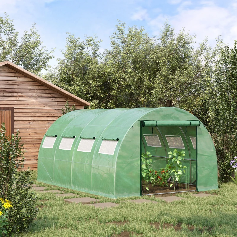 Outsunny 13' x 10' x 6.5' Walk-in Tunnel Greenhouse with 2 Zippered Mesh Doors & 10 Mesh Windows, Upgraded Gardening Plant Hot House with Galvanized Steel Hoops, Green