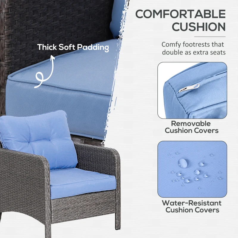 Outsunny 5 Pieces Rattan Wicker Lounge Chair Outdoor Patio Conversation Set with 2 Cushioned Chairs, 2 Ottomans and Tempered Glass Top Coffee Table, Gray/Blue