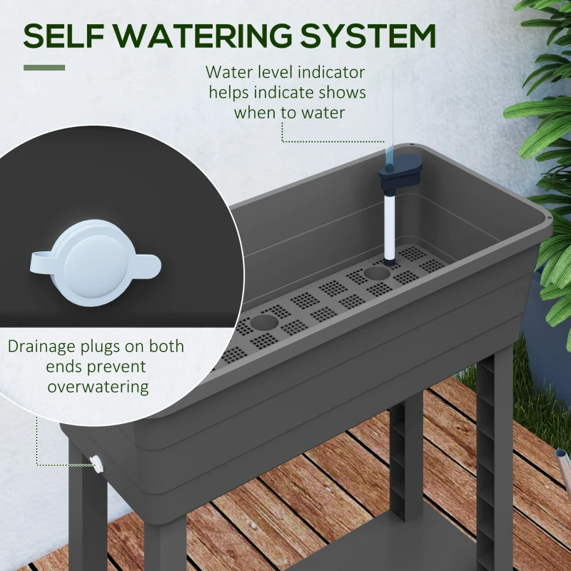 Outsunny 41L Self Watering Raised Garden Bed w/ Ventilation Transparent Lid Greenhouse, Planter Box w/ Storage Shelf, Dark Grey