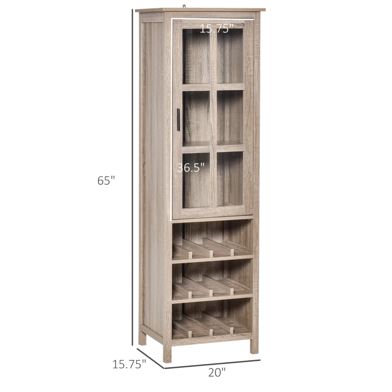 HOMCOM Tall Wine Cabinet, Bar Display Cupboard with 12-Bottle Wine Rack, Glass Door and 3 Storage Compartment for Living Room, Home Bar, Dining Room, Grey Oak
