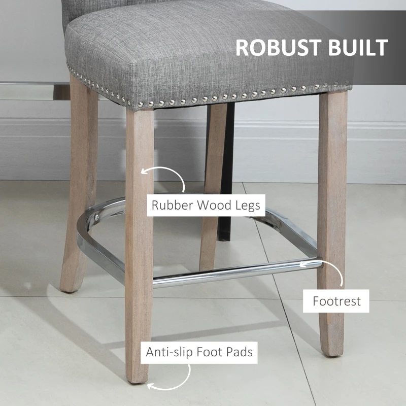 HOMCOM Bar Stools Set of 2, Upholstered Counter Height Stools with Button Tufted Back, Wood Legs and Footrest, Grey