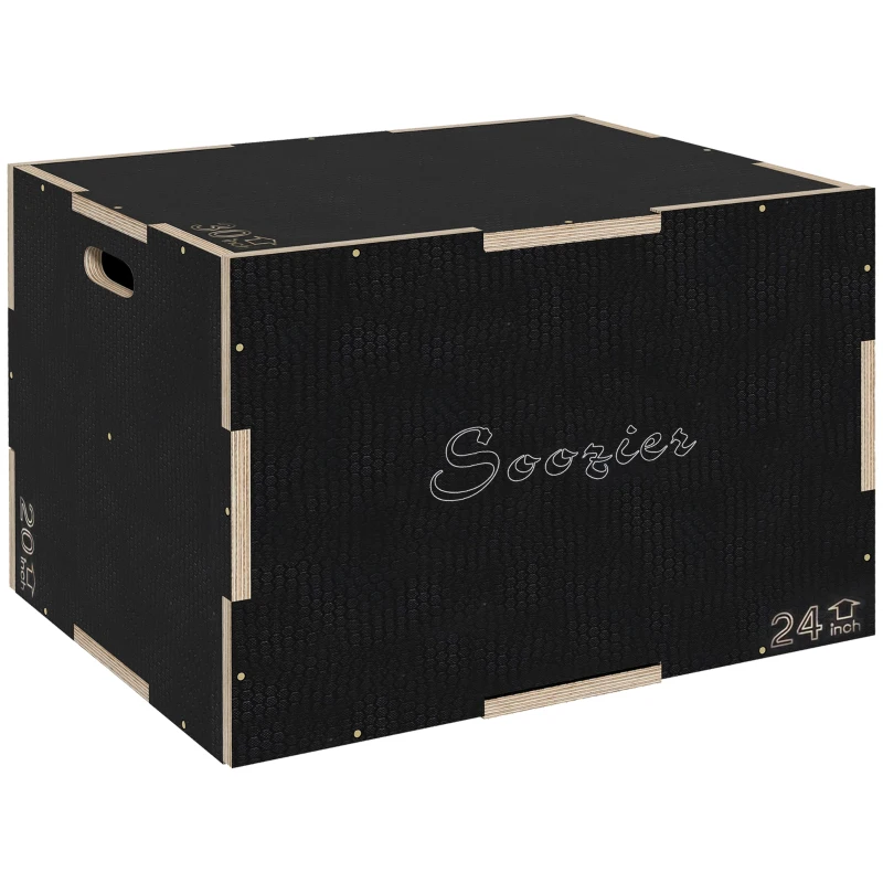 Soozier 24/20/16 In Wooden Plyometric Jump Box with Handle Openings for Home Gym Workout Training