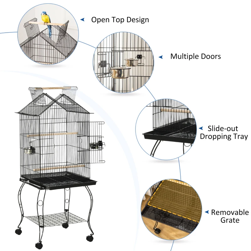 PawHut Bird Cage 57 Inch Flight Cage for Cockatiel, Conure with Rolling Stand, Pull Out Tray, Storage Shelf, Open Top