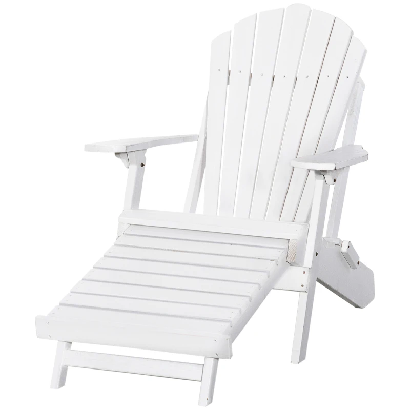 Outsunny Folding Adirondack Chair with Pull Out Ottoman, Outdoor Fir Wood Fire Pit Chair with Footrest, Porch Fanback Lounge for Patio, Poolside Lawn Garden, White