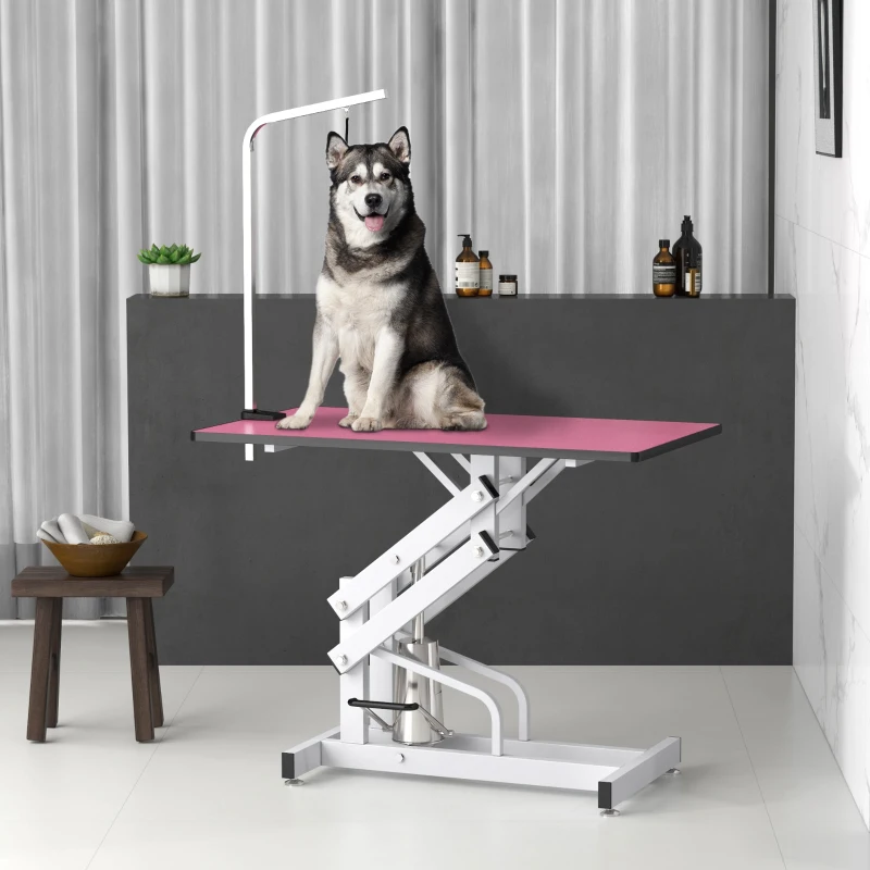 PawHut Pet Grooming Table, Height Adjustable Dog Grooming Table with Arm, Noose and Non-Slip Grooming Table, Pink