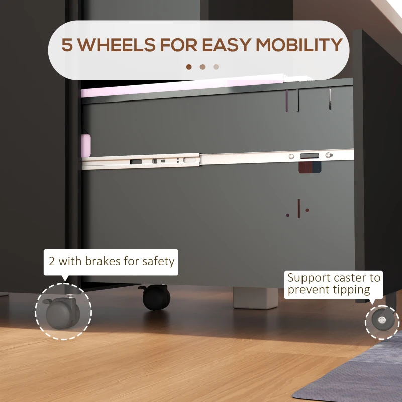 Vinsetto Vertical Steel Filing Cabinet on Wheels, 2-Drawer Lockable File Cabinet with Adjustable Hanging Bar for A4, Legal and Letter Size, Black