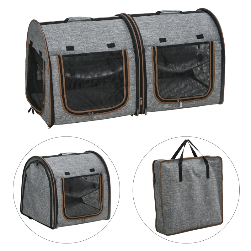 PawHut 39" Portable Soft-Sided Cat Carrier, Cat Kennel, Travel Dog Crate with Divider, Two Compartments, Soft Cushions & Storage Bag, Easy to Fold, Light Gray