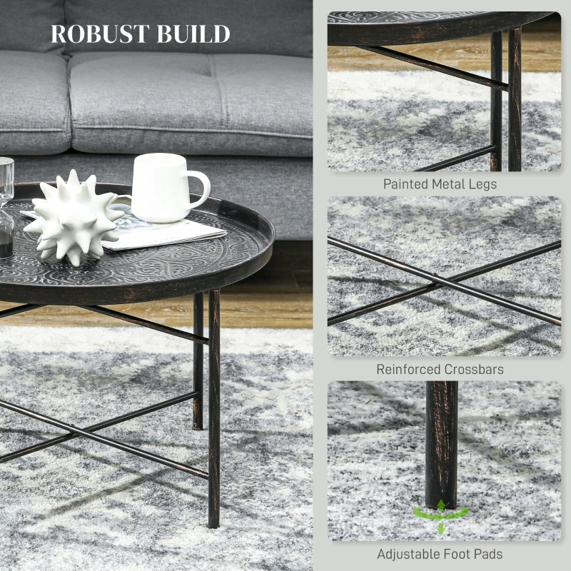 HOMCOM Coffee Table for Living Room, 24" Round Center Table with Hammered Tray Top and Metal Frame for Bedroom, Pewter