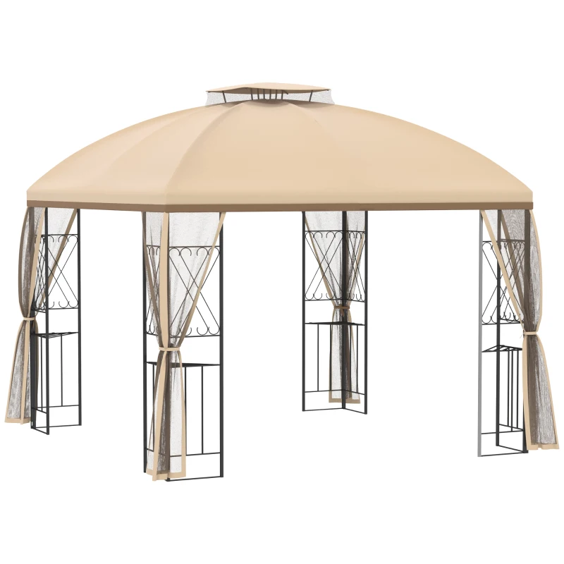 Outsunny 10' x 10' Outdoor Patio Gazebo Canopy with Double Tier Roof, Removable Mesh Nettings, Display Shelves, Beige