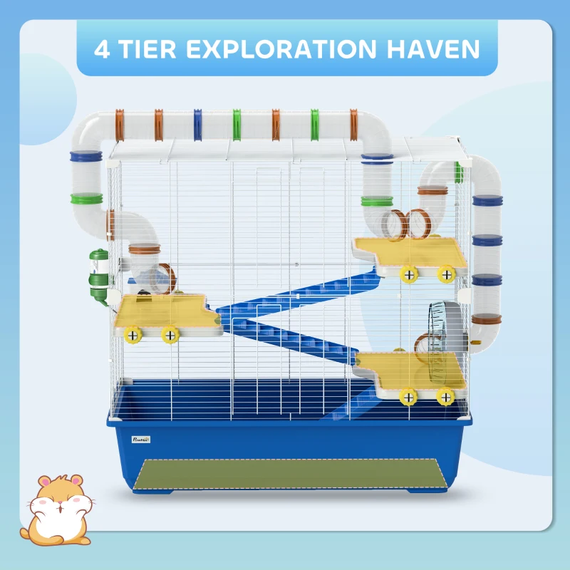 PawHut 4 Tier Hamster Cage with Tunnel Tube System, Hut, Exercise Wheel, Water Bottle, Food Dish, for Syrian, Gerbil, Blue