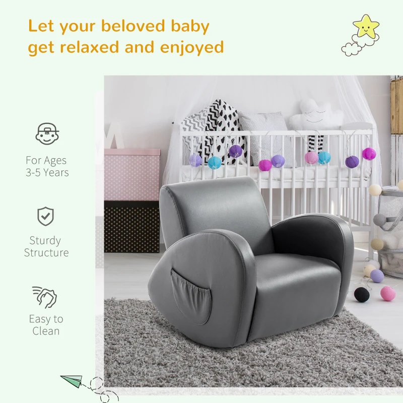 Qaba Kids Sofa Rocking Chair with Side Pocket, PU Leather Toddler Armchair for Children Grey
