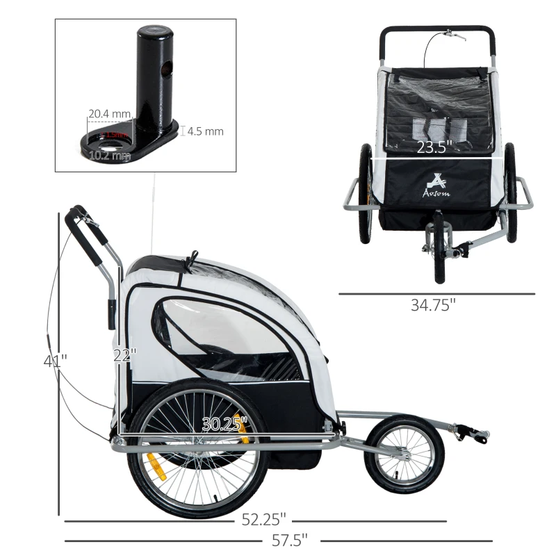Aosom Elite Three-Wheel Bike Trailer for Kids Bicycle Cart for Two Children with 2 Security Harnesses & Storage, White(m-3)