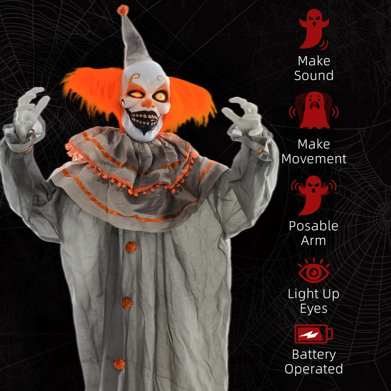 HOMCOM 6' Life Size Orange Haired Clown, Outdoor Halloween Decoration Animatronic, Sound and Motion Activated Light Up Eyes