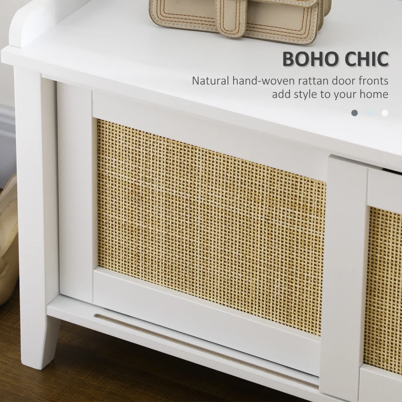 HOMCOM Entry Way Bench Shoe Storage Bench with Shoe Cabinets 2 Rattan Sliding Doors and Pine Wood Legs for Hallway White