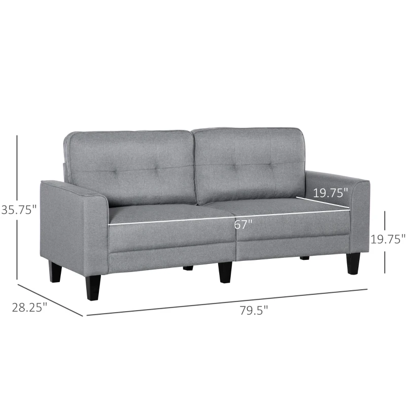 HOMCOM 3-Seater Sofa, Mid-Century Linen Couch with Upholstered Seat, Button-Tufted Back Cushion and Rubber Wood Legs for Living Room, Bedroom, Gray