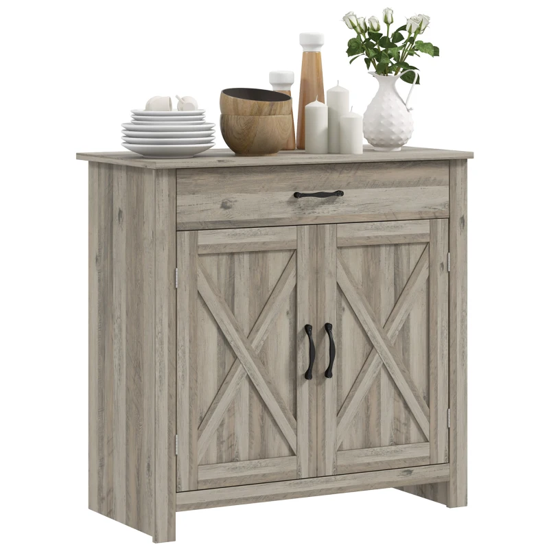HOMCOM Farmhouse Sideboard Cabinet with Barn Doors Kitchen Buffet Cabinet with Drawer and Adjustable Shelf Gray Wash